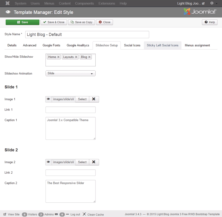 Light Blog template Joomla slider params screen
